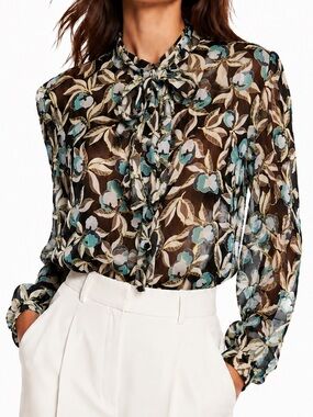 DVF DIANE VON FURSTENBERG Silk Sheer Black & Blue Floral Tie-Neck Blouse Top